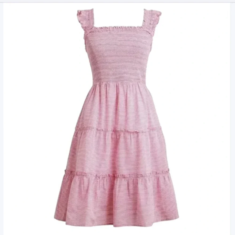 J Crew Striped smocked tiered mini dress in pink/white size Large - Picture 13 of 13